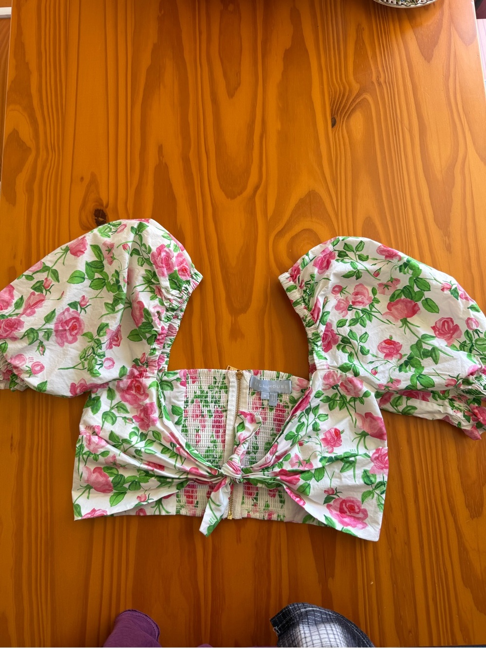 Hill House Pink Rose Tie-Front Puff Sleeve Crop Top